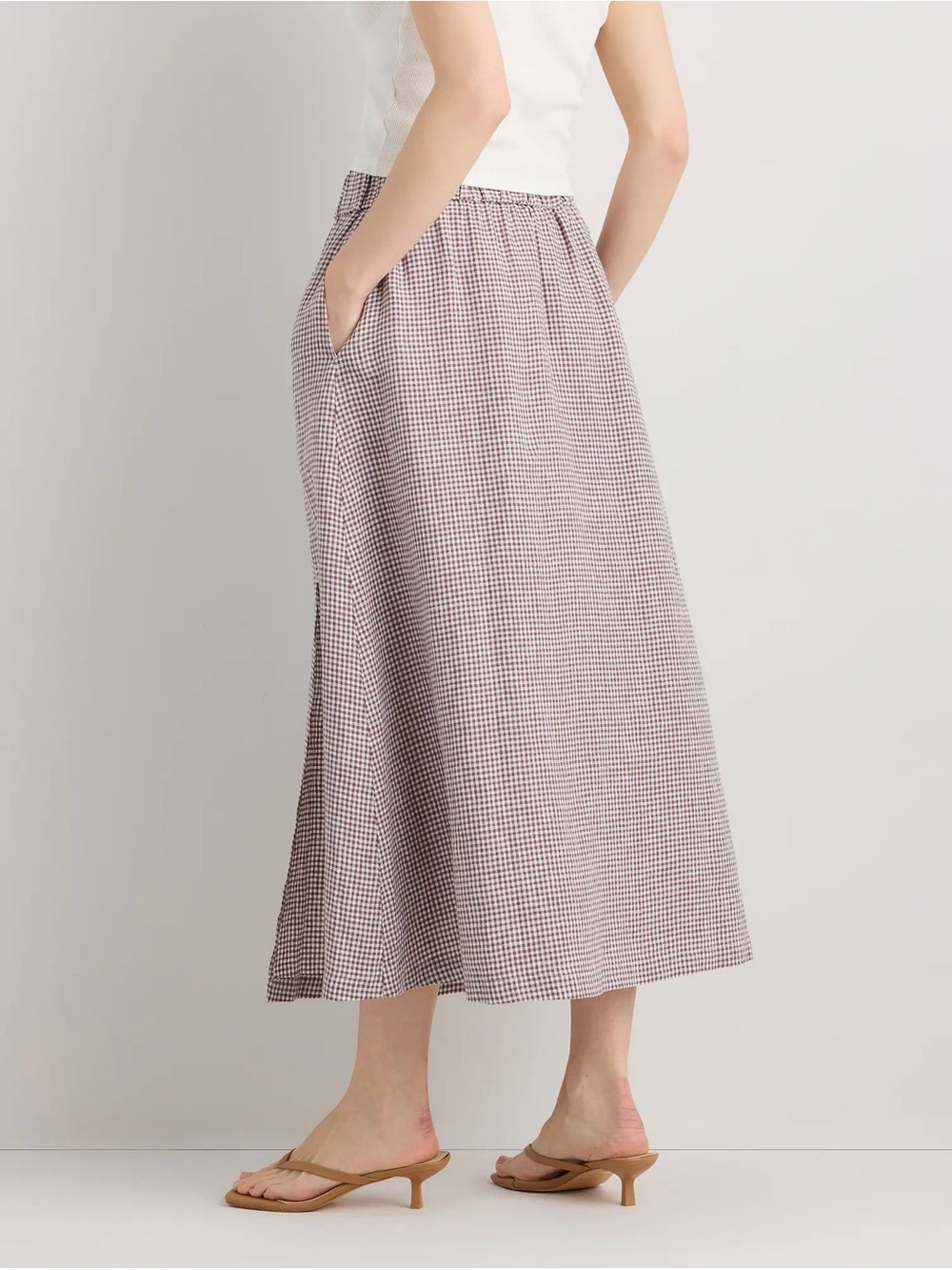 Quince 100% European Linen Maxi Skirt, Taupe Brown Gingham, Size Small - Picture 4 of 4